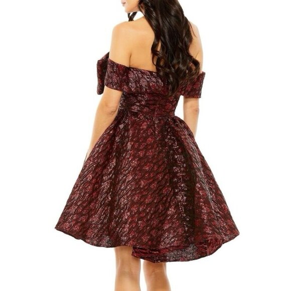 Mac Duggal Size 4 Red 68622 Brocade Off Shoulder Bow Detail Mini Cocktail Dress - Picture 2 of 7